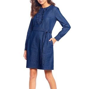 Draper James Chambray Belted Ruffle Long Sleeve Shift Dress